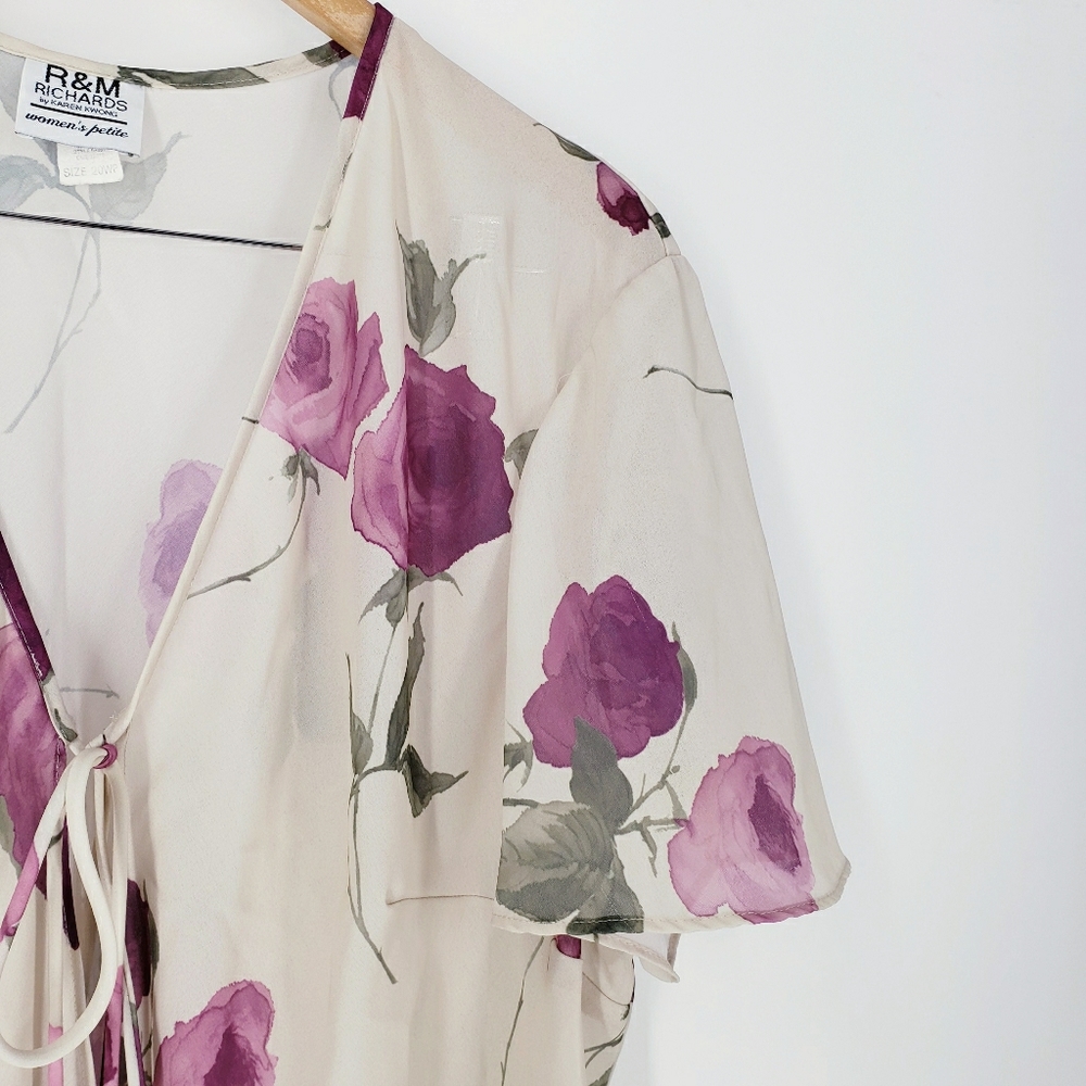 90s Vintage Floral Tie Front Flutter Sleeve Cardi Boho Cottage Floral Flowy 16P - Picture 6 of 7